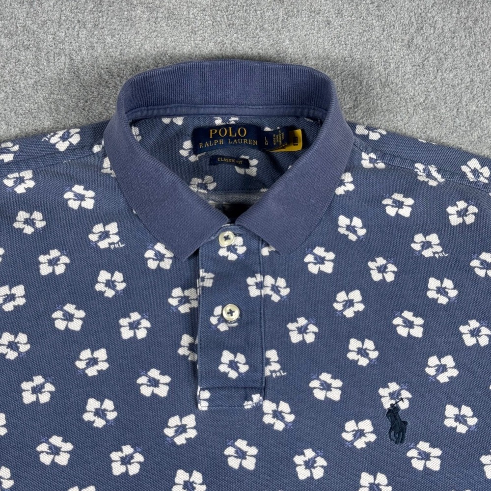 Polo Ralph Lauren Mens L Classic Fit Floral Polo Shirt Blue White